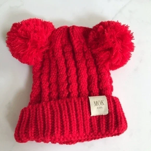 Red Pom Ball Winter Toddler Hat - Picture 3 of 4